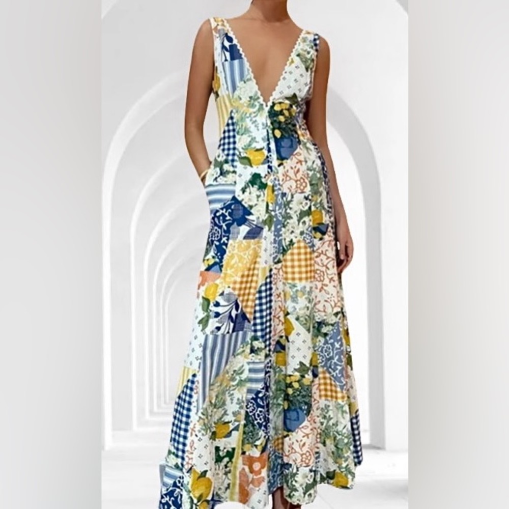 Classy Bohemian Lemon Patchwork Linen Blend Maxi Dress